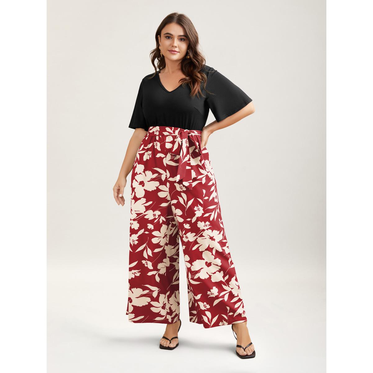Plus Size Burgundy Floral Print Spliced Belted Wide-Leg Jumpsuit Women Elegant Short sleeve V-neck Everyday-Elegant Loose Jumpsuits BloomChic 12/L Product Image