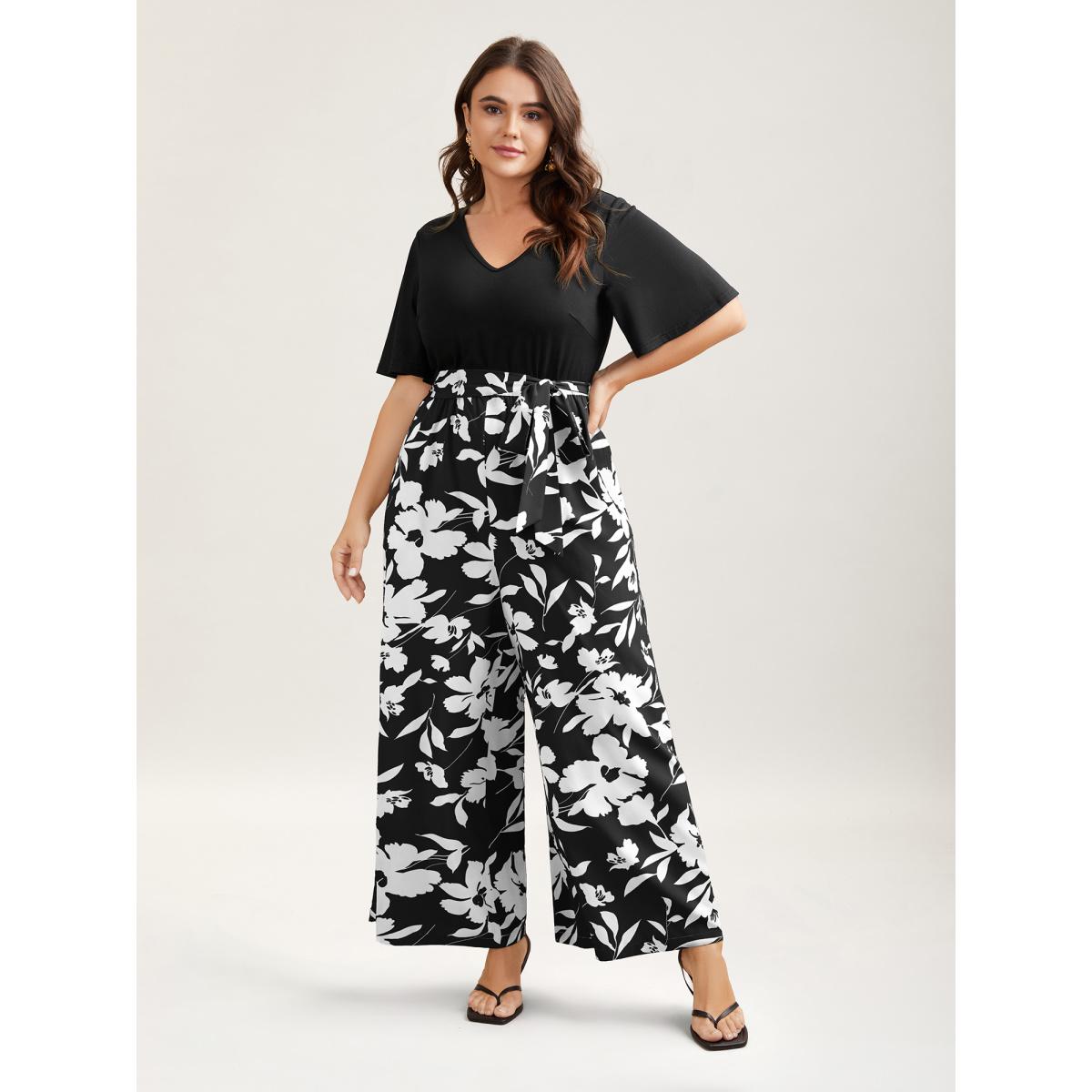 Plus Size Black Floral Print Spliced Belted Wide-Leg Jumpsuit Women Elegant Short sleeve V-neck Everyday-Elegant Loose Jumpsuits BloomChic 10/M Product Image