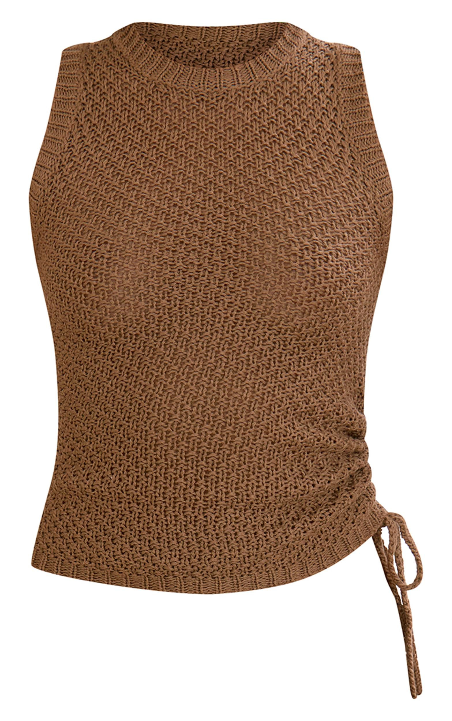 Mocha Crochet Knit Ruched Racer Top Product Image