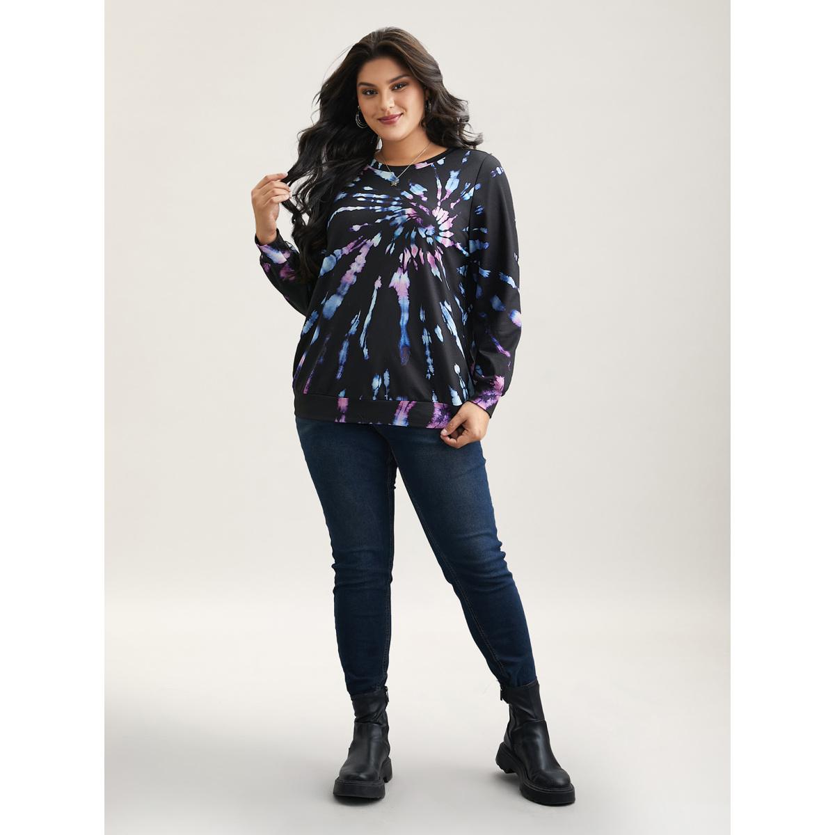 Plus Size Tie-Dye Stretchy Crew Neck Sweatshirt Women Black Casual Contrast Round Neck Everyday Sweatshirts BloomChic 14-16/1X Product Image