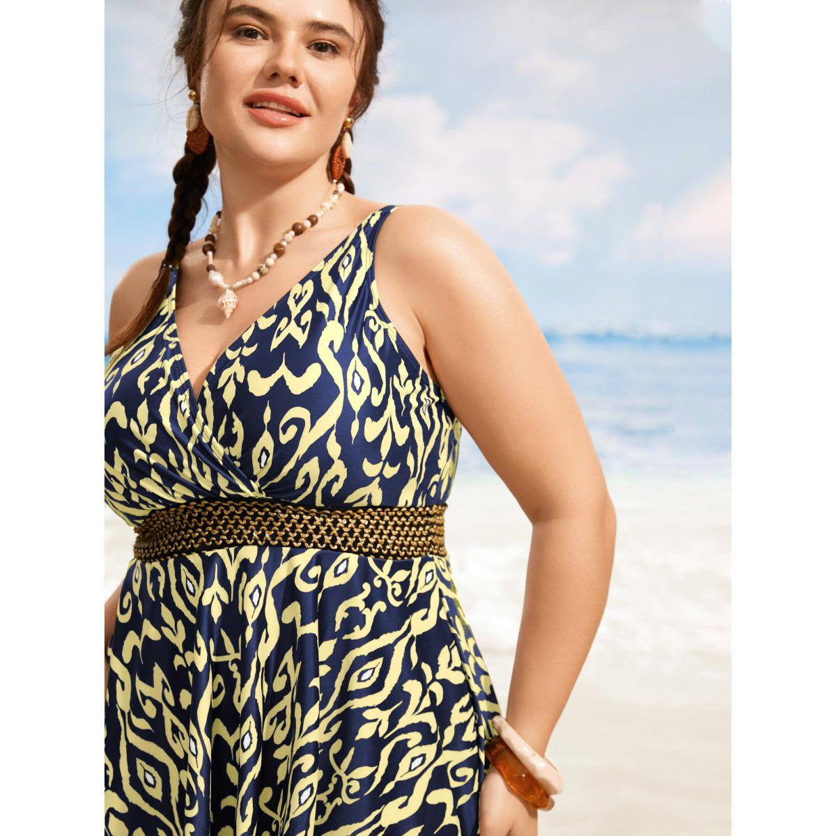 Plus Size Boho Print Overlap Collar Woven Ribbon Swim Dress Women's Swimwear Indigo Beach Bodycon Overlap Collar High stretch Curve Swim Dresses BloomChic 30/6X Product Image
