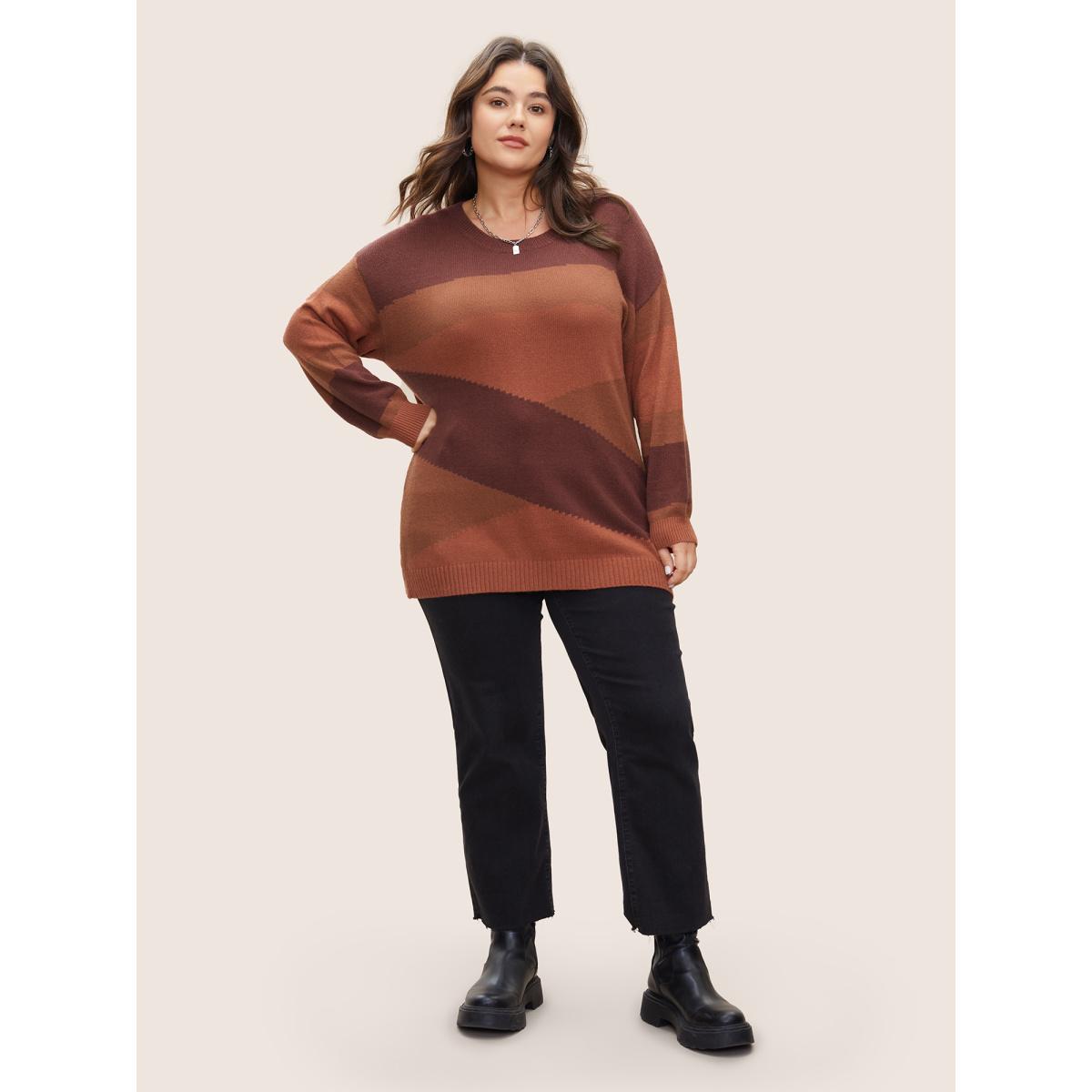 Plus Size Supersoft Essentials Colorblock Contrast Drop Shoulder Pullover Rust Women Casual Long Sleeve Round Neck Everyday Pullovers BloomChic 26/4X Product Image