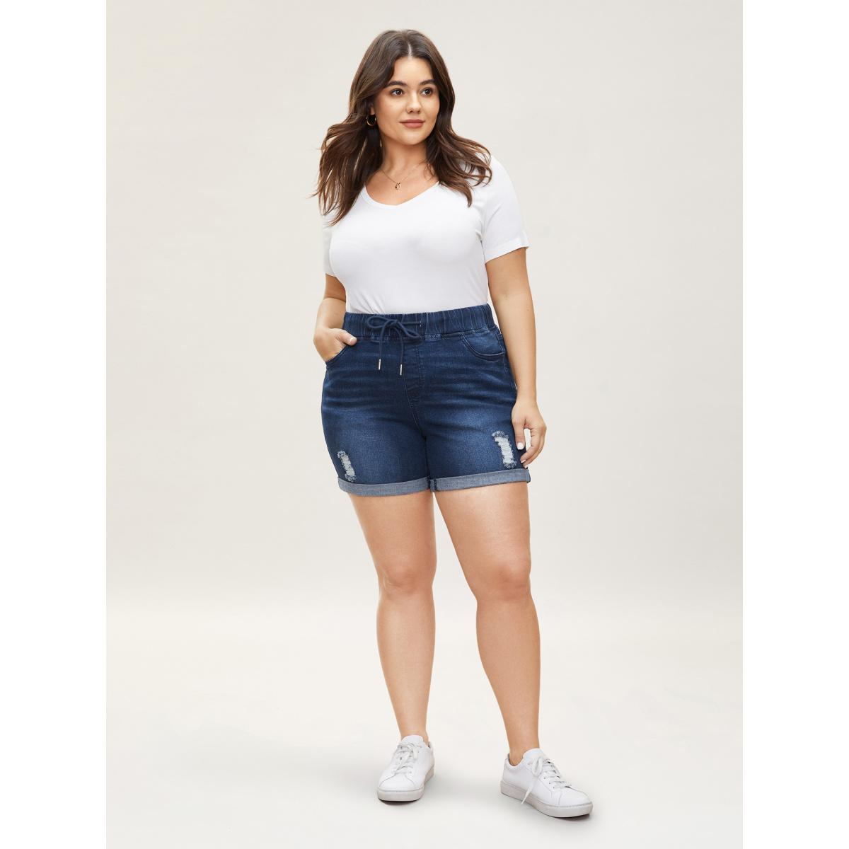 Plus Size Distressed Drawstring Roll Hem Denim Shorts Women Indigo Drawstring High stretch Casual Slanted pocket Leisure Denim Shorts BloomChic 28/5X Product Image