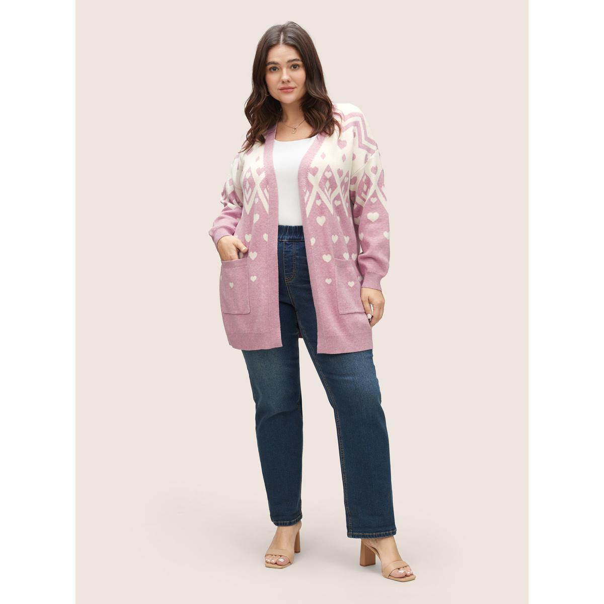 Plus Size Supersoft Essentials Heart Two Tone Pocket Cardigan Pink Women Casual Loose Long Sleeve Dailywear Cardigans BloomChic 10/M Product Image