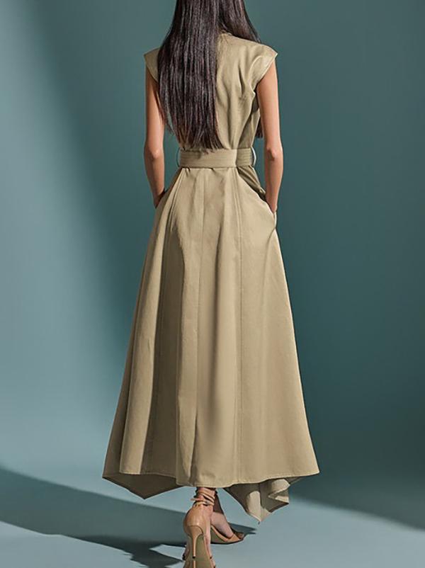 A-Line High Waisted Belted Buttoned Pockets Solid Color Round-Neck Maxi Dresses Product Image