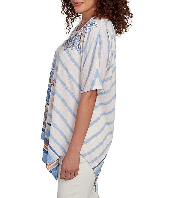 Ruby Rd. Embroidered Stripe Scoop Neck Short Sleeve Asymmetric Hem Knit Top Product Image