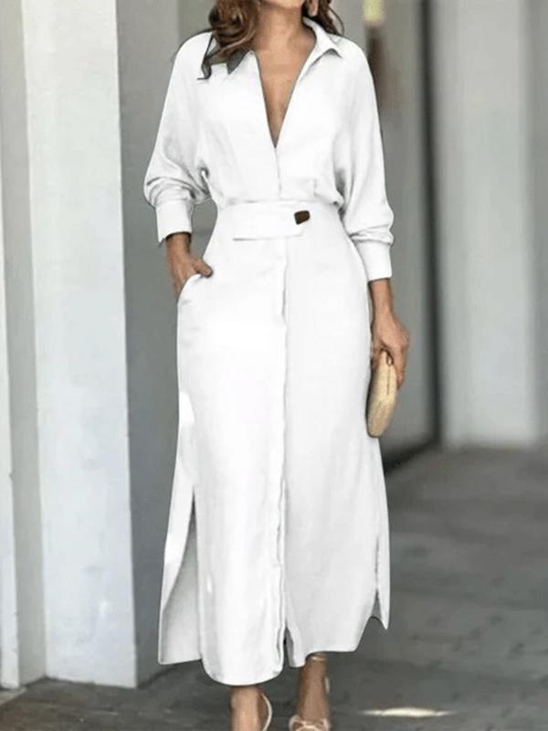 Long Sleeves Loose Split-Joint Split-Side V-Neck Maxi Dresses Shirt Dress Product Image