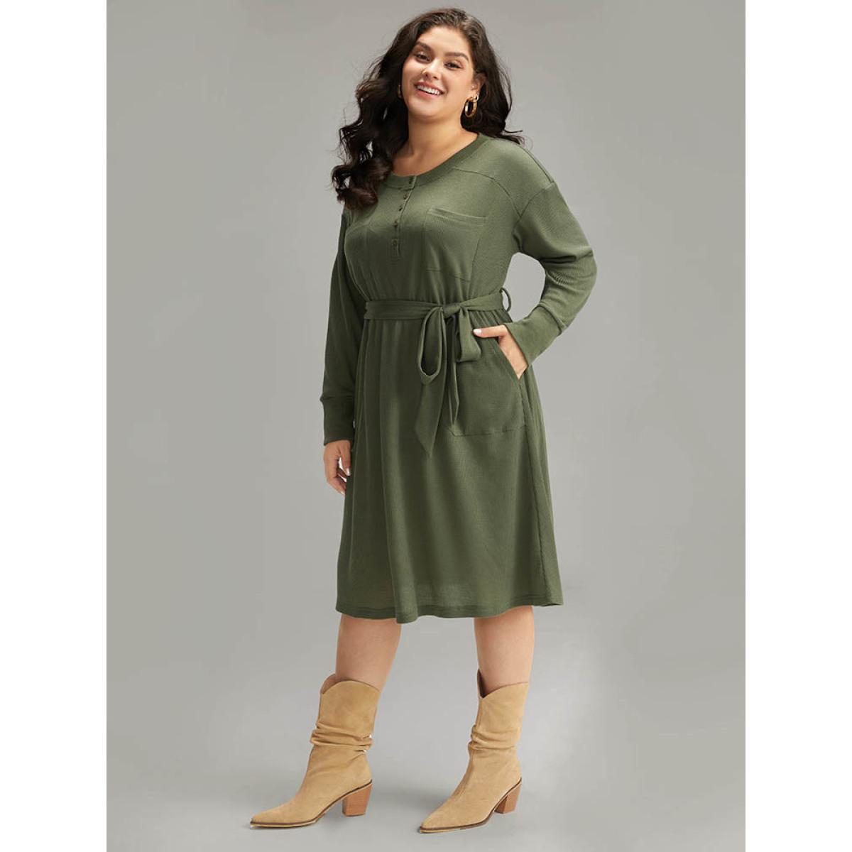 Plus Size Plain Textured Belted Button Up Dress ArmyGreen Women Casual Texture Round Neck Long Sleeve Curvy Midi Dress BloomChic 12/L Product Image