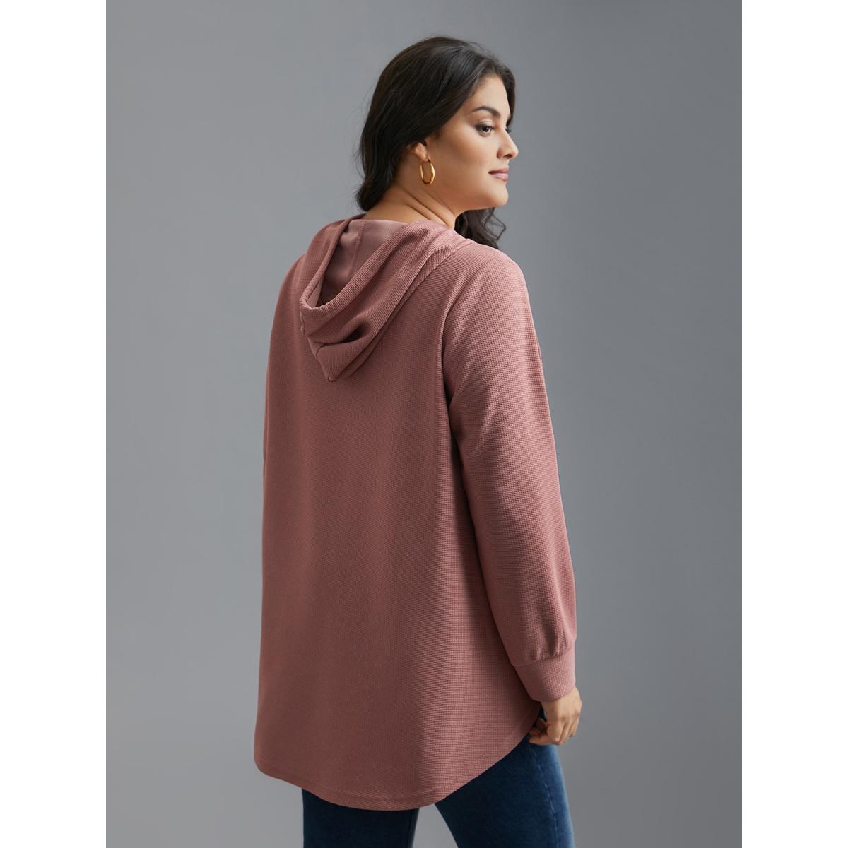 Plus Size Waffle Knit Hooded Drawstring Sweatshirt Women DustyPink Casual Texture Loose Hooded Everyday Sweatshirts BloomChic 10/M Product Image