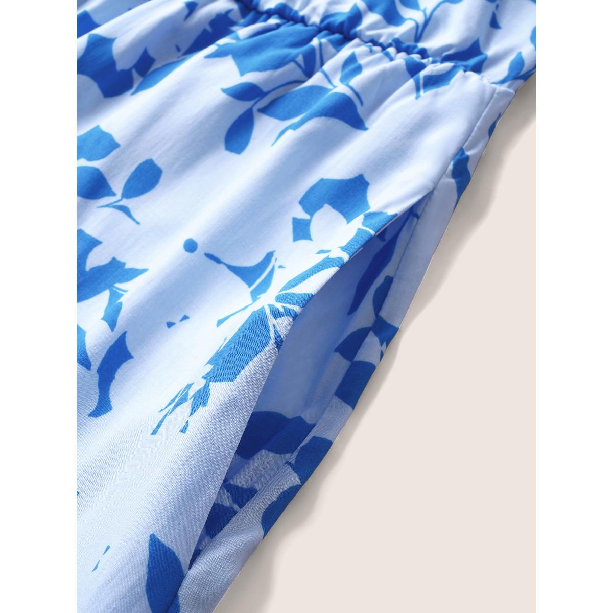 Plus Size Silhouette Floral Print One Shoulder Belted Dress Blue Women Elegant Belted Asymmetrical Neck Long Sleeve Curvy Midi Dress BloomChic 30/6X Product Image