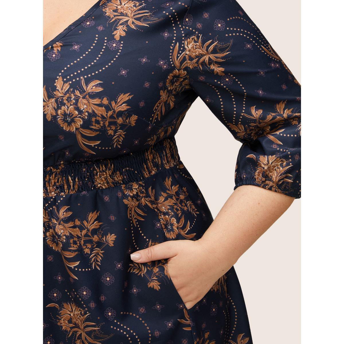 Plus Size Floral Print Gathered Ruffle Hem Shirred Dress DarkBlue Women Elegant Non V-neck Elbow-length sleeve Curvy Midi Dress BloomChic 14-16/1X Product Image