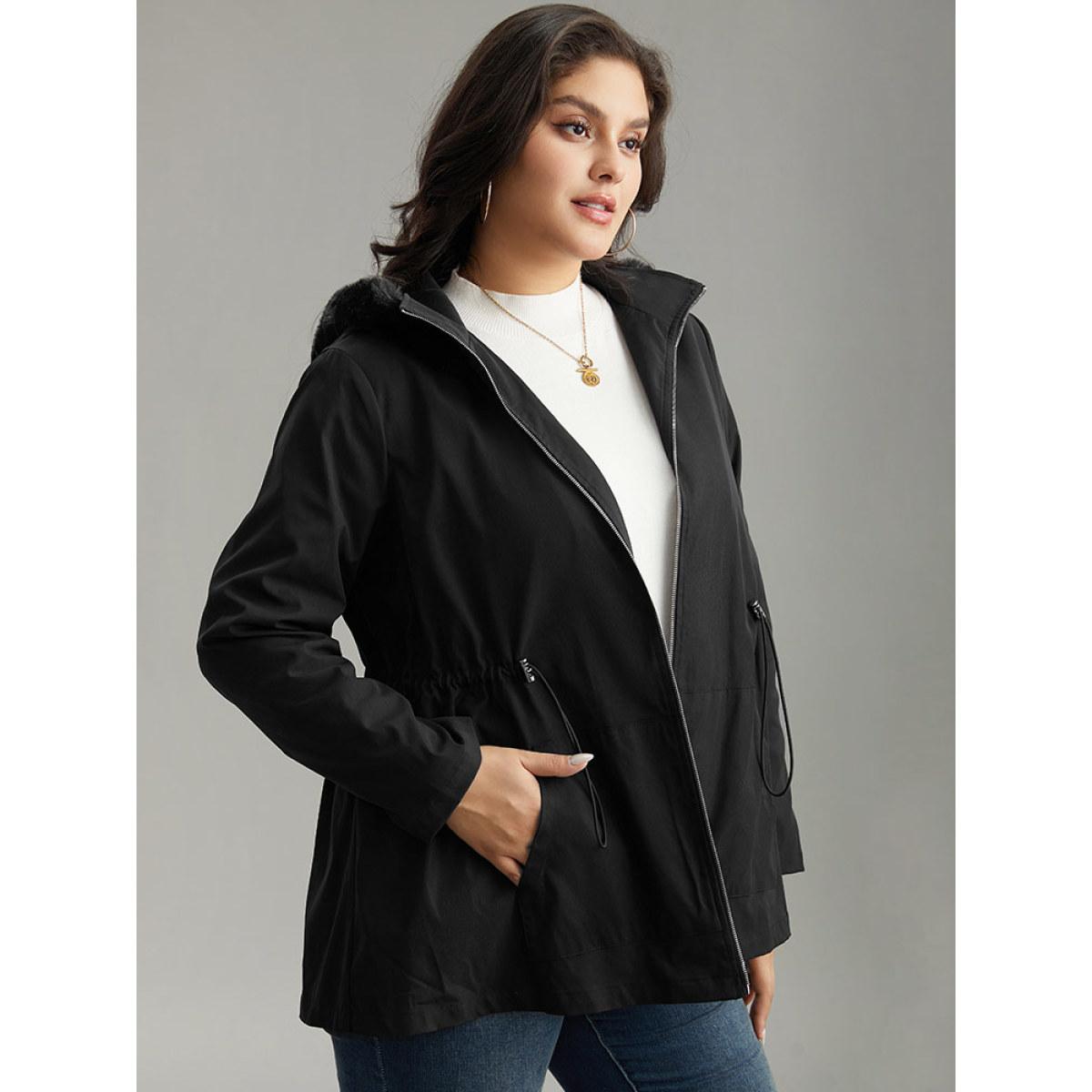 Plus Size Plain Zipper Hooded Pocket Drawstring Coat Women Black Casual Plain Ladies Dailywear Winter Coats BloomChic 28/5X Product Image