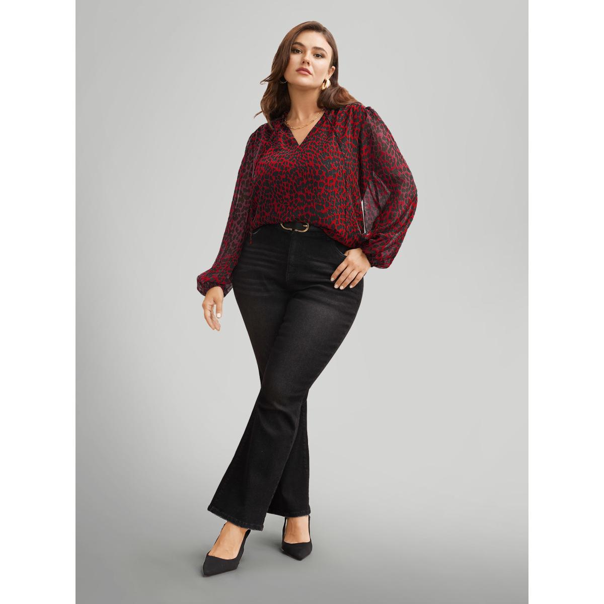 Plus Size Crimson Leopard Print Tie Knot Lantern Sleeve Blouse Women Romantic Long Sleeve V-neck Elegant Blouses BloomChic 14-16/1X Product Image
