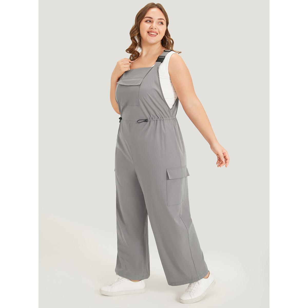 Plus Size Gray Solid Flap Pocket Drawstring Side Overall Jumpsuit Women Casual Sleeveless Spaghetti Strap Dailywear Loose Jumpsuits BloomChic 26/4X Product Image