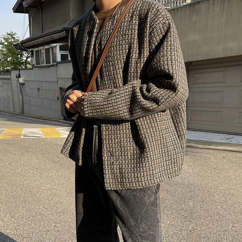 RT No. 5563 BROWN WOVEN PLAID COLLARLESS JK Product Image