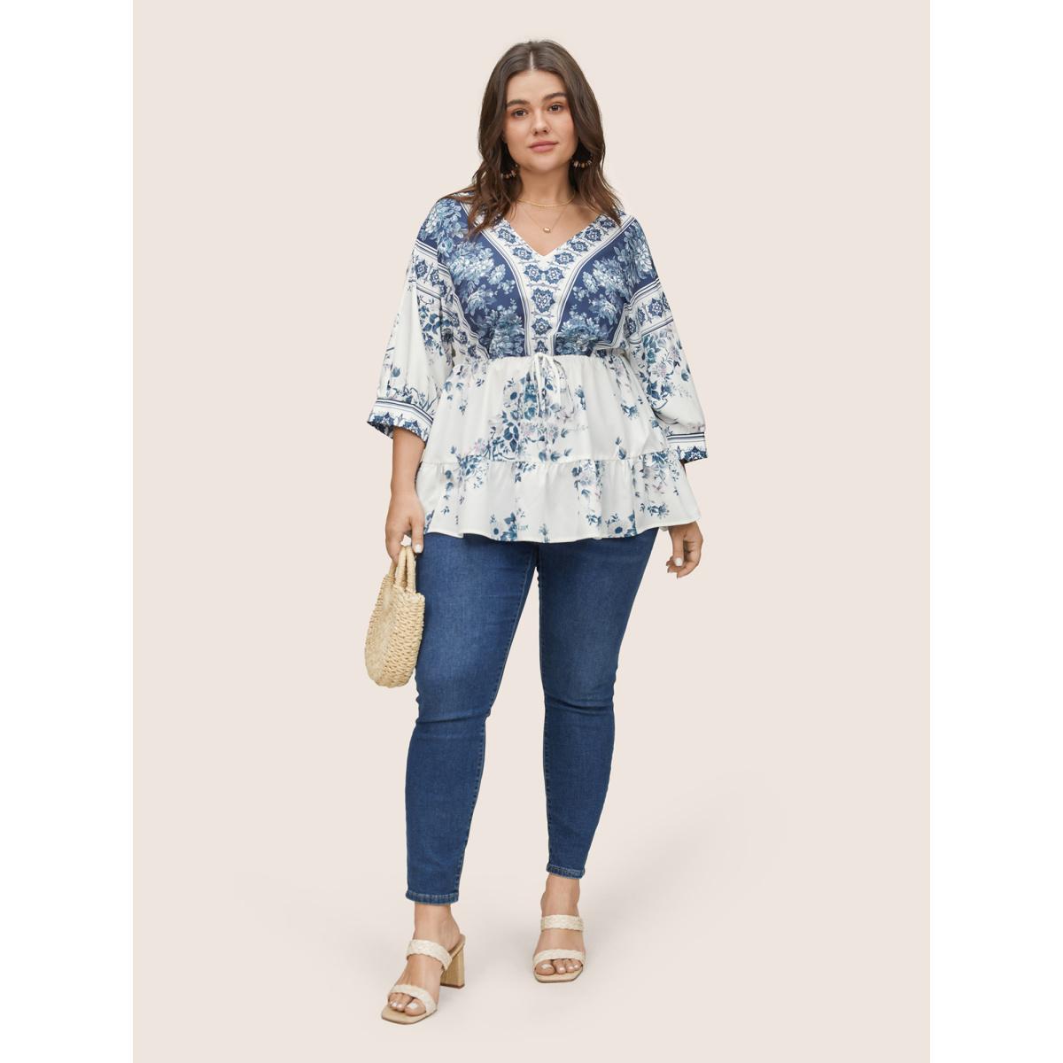 Plus Size Stone Boho Print Elastic Waist Ties Gathered Blouse Women Resort Elbow-length sleeve V-neck Vacation Blouses BloomChic 30/6X Product Image