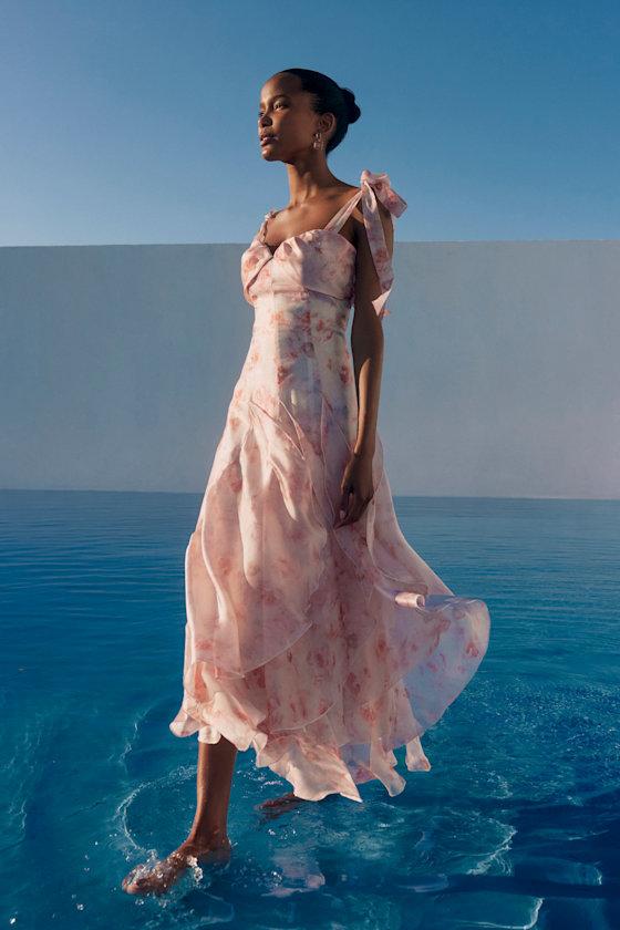 Cliona Blush Pink Floral Pleated Tie-Strap Maxi Dress Product Image