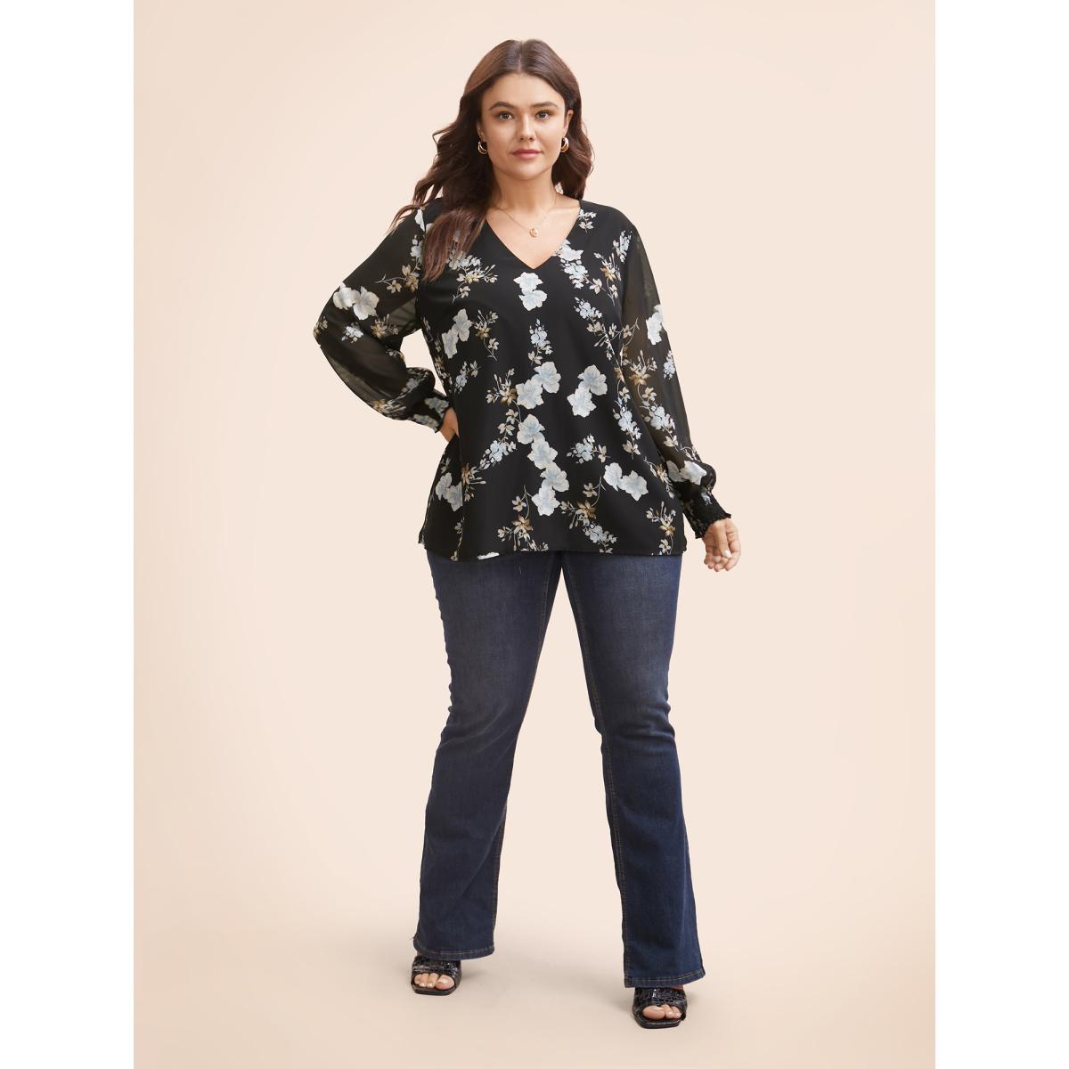 Plus Size Black Floral Chiffon Shirred Lantern Sleeve Blouse Women Elegant Long Sleeve V-neck Everyday Blouses BloomChic 30/6X Product Image