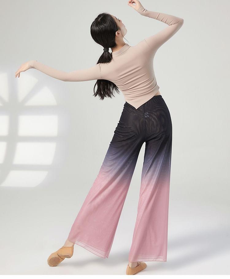 Long-Sleeve Mock Neck Plain Asymmetrical Dance Top Product Image