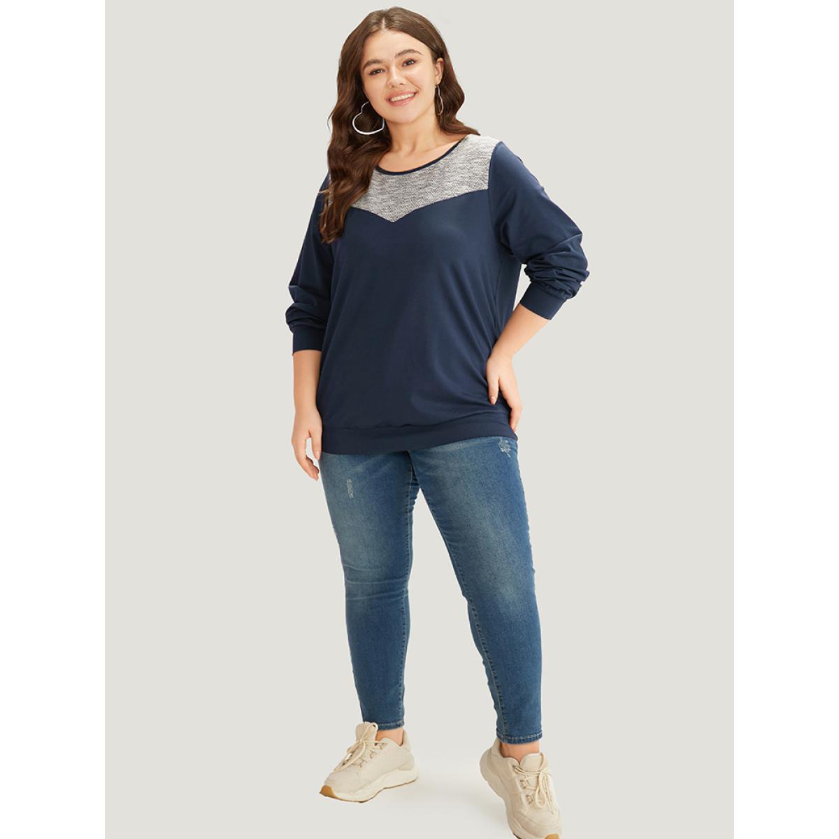Plus Size Two Tone Patchwork Crew Neck Sweatshirt Women Indigo Casual Elastic cuffs Round Neck Dailywear Sweatshirts BloomChic 12/L Product Image