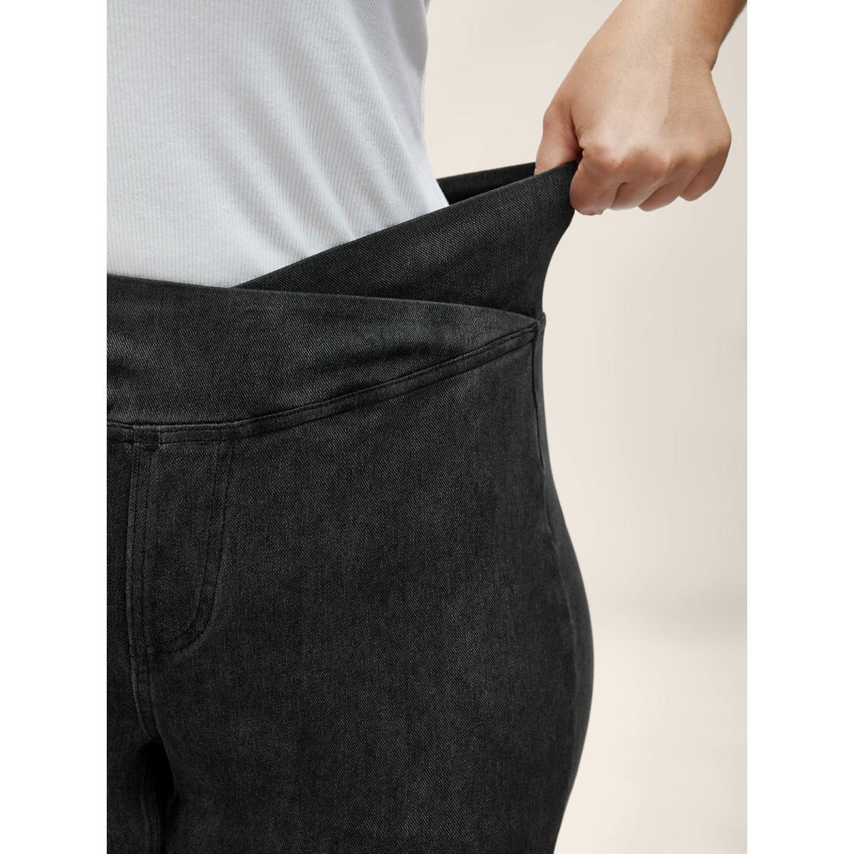 Plus Size Overlap Waist Stretchy Knit Bootcut Jeans Women Denimblack Casual Medium stretch Slanted pocket Jeans BloomChic 18/2X Product Image