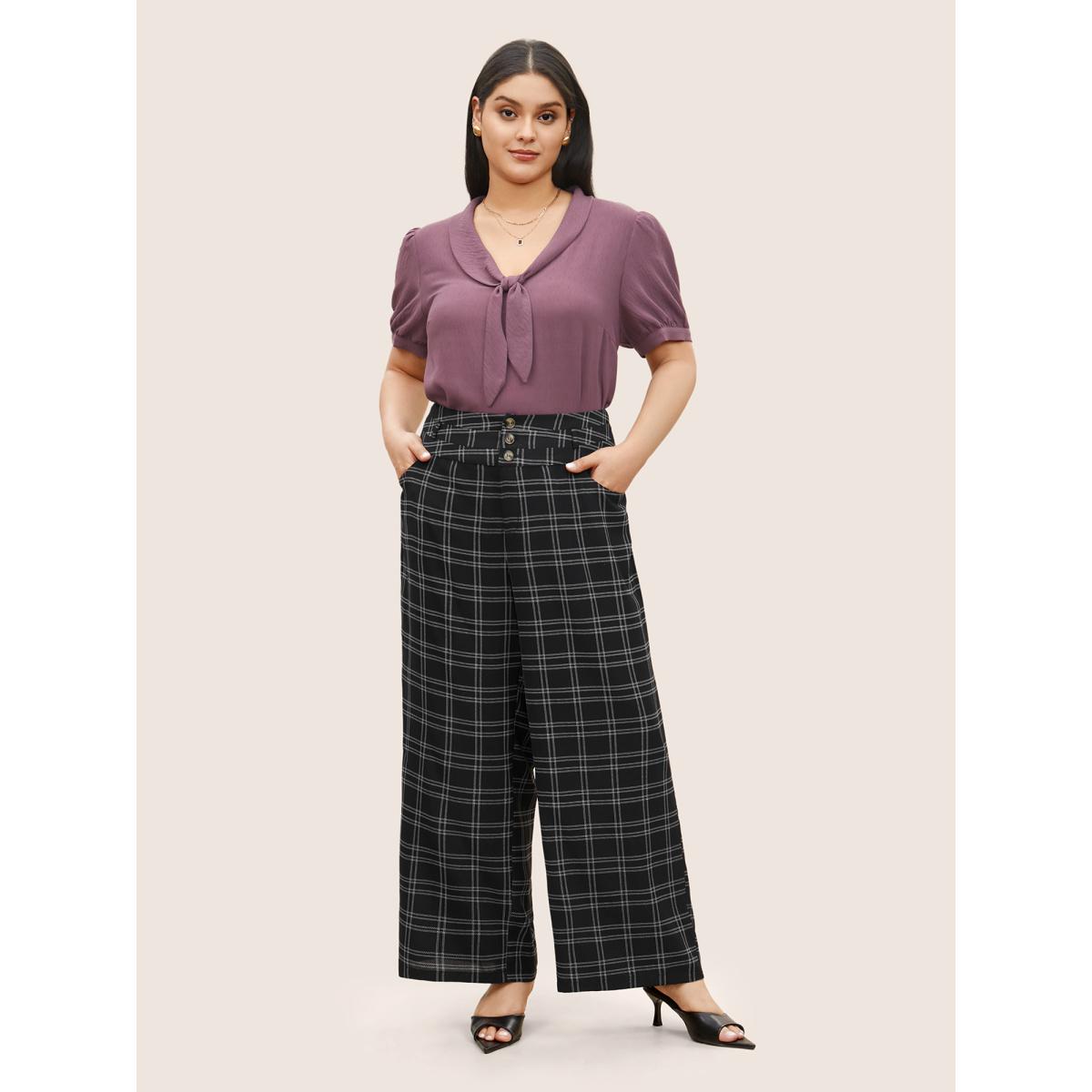 Plus Size Plaid Button Detail Slanted Pocket Wide Leg Pants Women Black At the Office Wide Leg High Rise Work Pants BloomChic 12/L Product Image