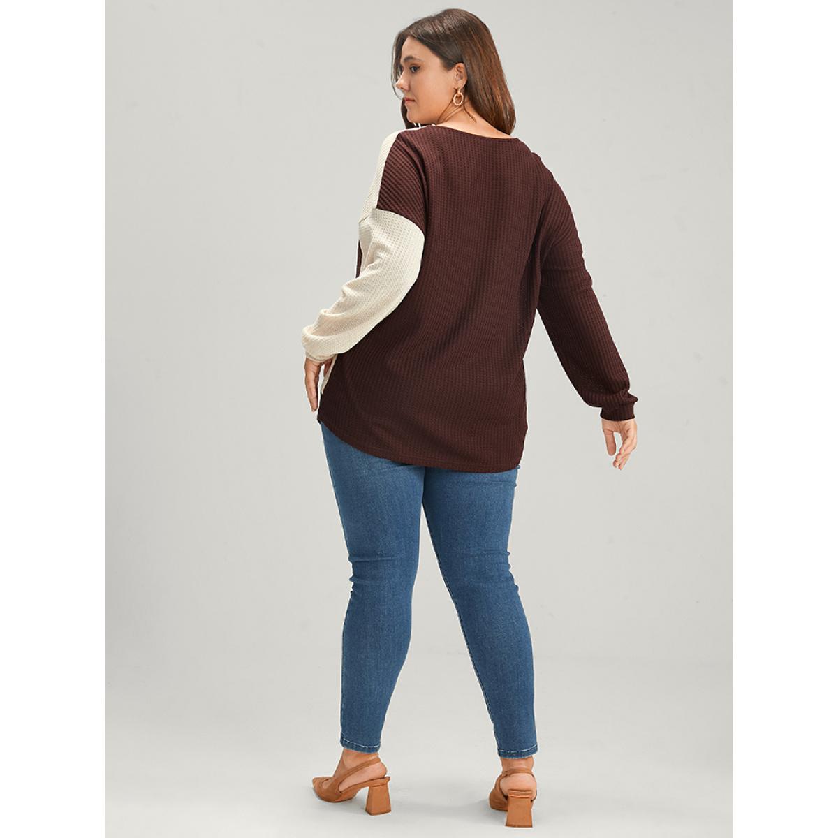 Plus Size Colorblock Contrast V Neck Waffle Knit Sweatshirt Women Burgundy Elegant Patchwork V-neck Dailywear Sweatshirts BloomChic 10/M Product Image