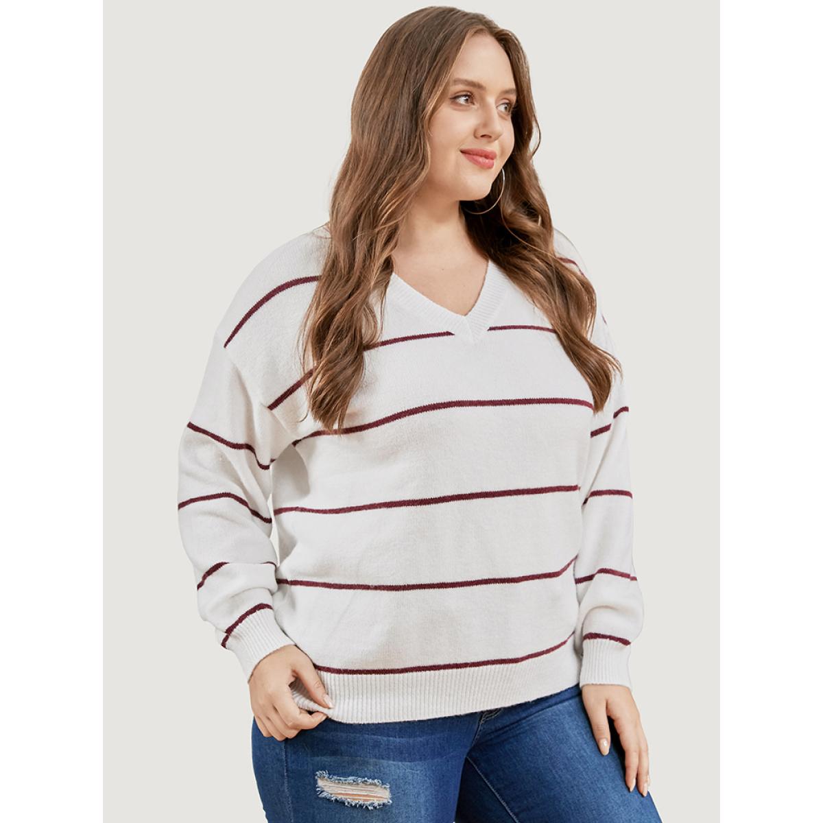 Plus Size Striped Contrast Super Soft Plush Knit V Neck Knit Top Ivory Women Casual Loose Long Sleeve V-neck Dailywear Pullovers BloomChic 28/5X Product Image