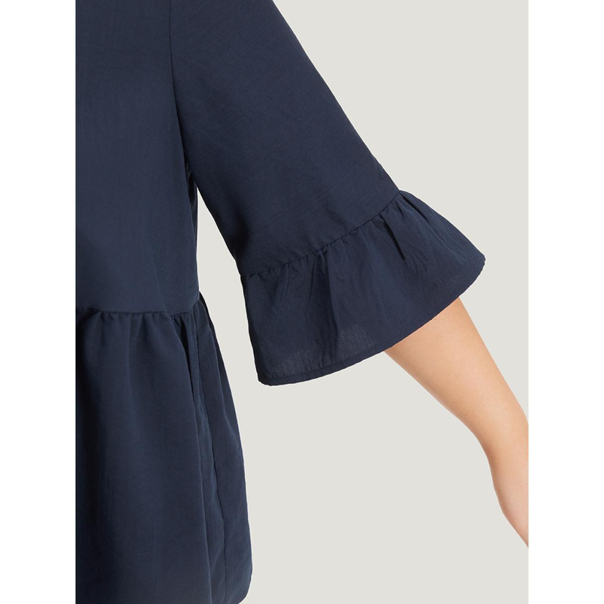 Plus Size Indigo Plain Lace Up Flutter Gathered Bell Sleeve Blouse Women Elegant Elbow-length sleeve Tie Neck Dailywear Blouses BloomChic 12/L Product Image