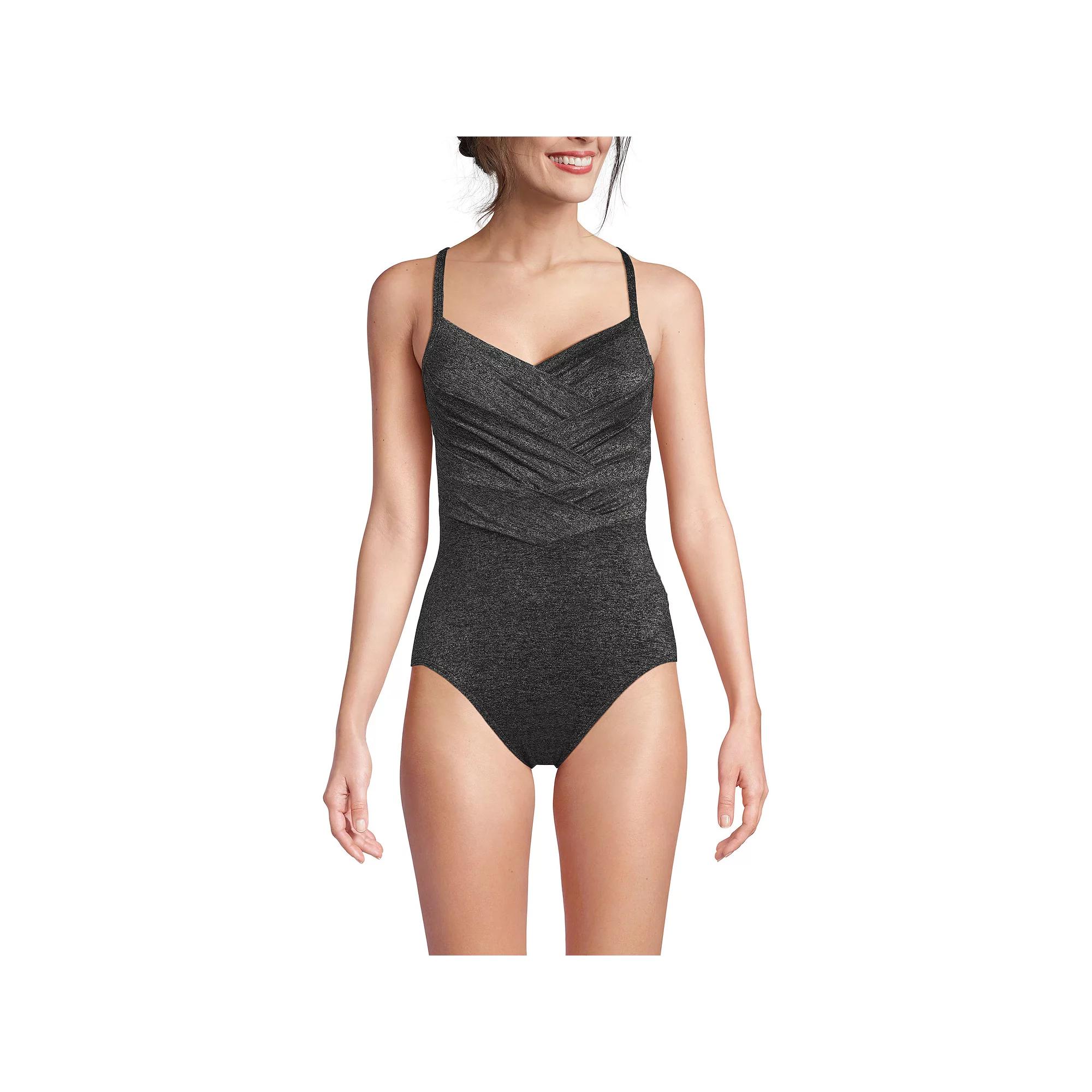 Women's Lands' End Pleated Shine SlenderSuit One-Piece Swimsuit, Size: 14, Black Shine Product Image