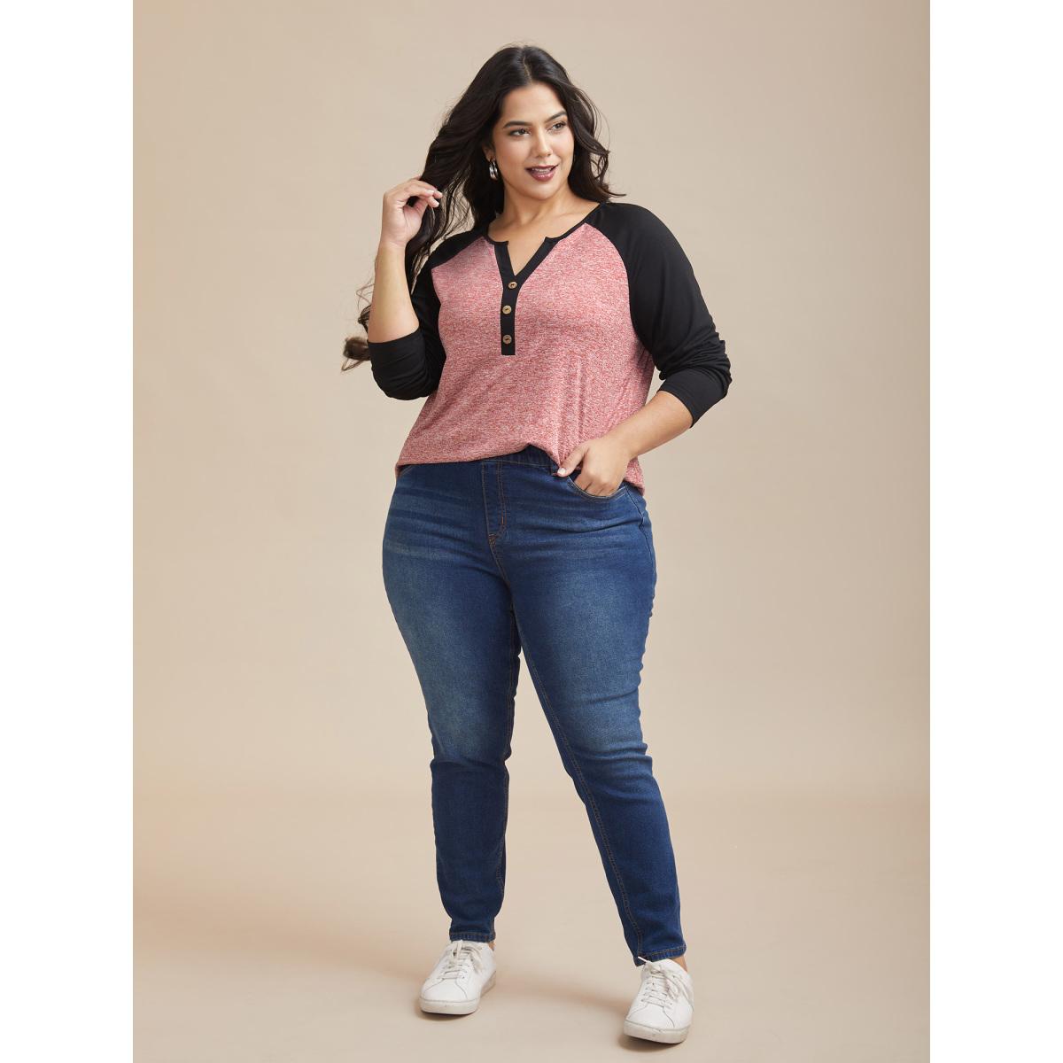 Plus Size Heather Patchwork Button Detail Stretchy T-Shirt Scarlet Women Casual Contrast Flat collar with V-notch Everyday T-shirts BloomChic 14-16/1X Product Image