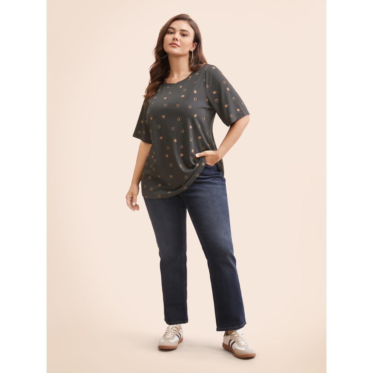 Plus Size Halloween Pumpkin Print Crew Neck T-shirt DimGray Women Casual Printed Graphic-Halloween Round Neck Festival-Halloween T-shirts BloomChic 26/4X Product Image