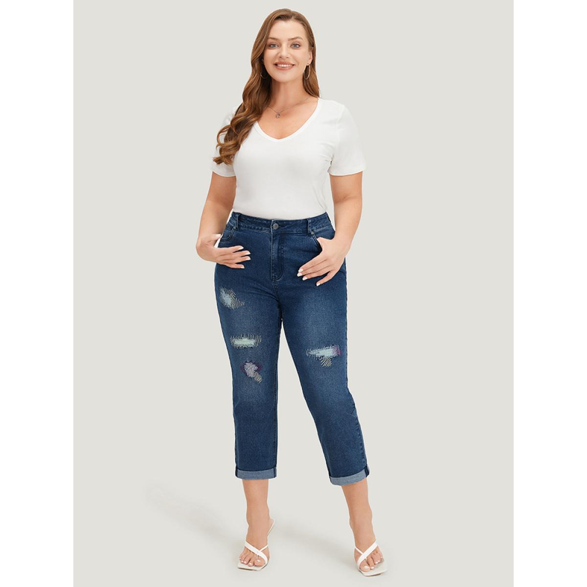 Plus Size Ripped Embroidered Roll Hem Very Stretchy Jeans Women Stone Casual Plain Distressed High stretch Pocket Jeans BloomChic 10/M Product Image
