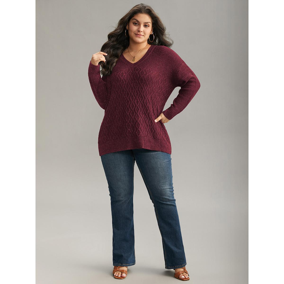 Plus Size Plain Sparkly V Neck Loose Pullover Scarlet Women Casual Long Sleeve V-neck Everyday Pullovers BloomChic 28/5X Product Image