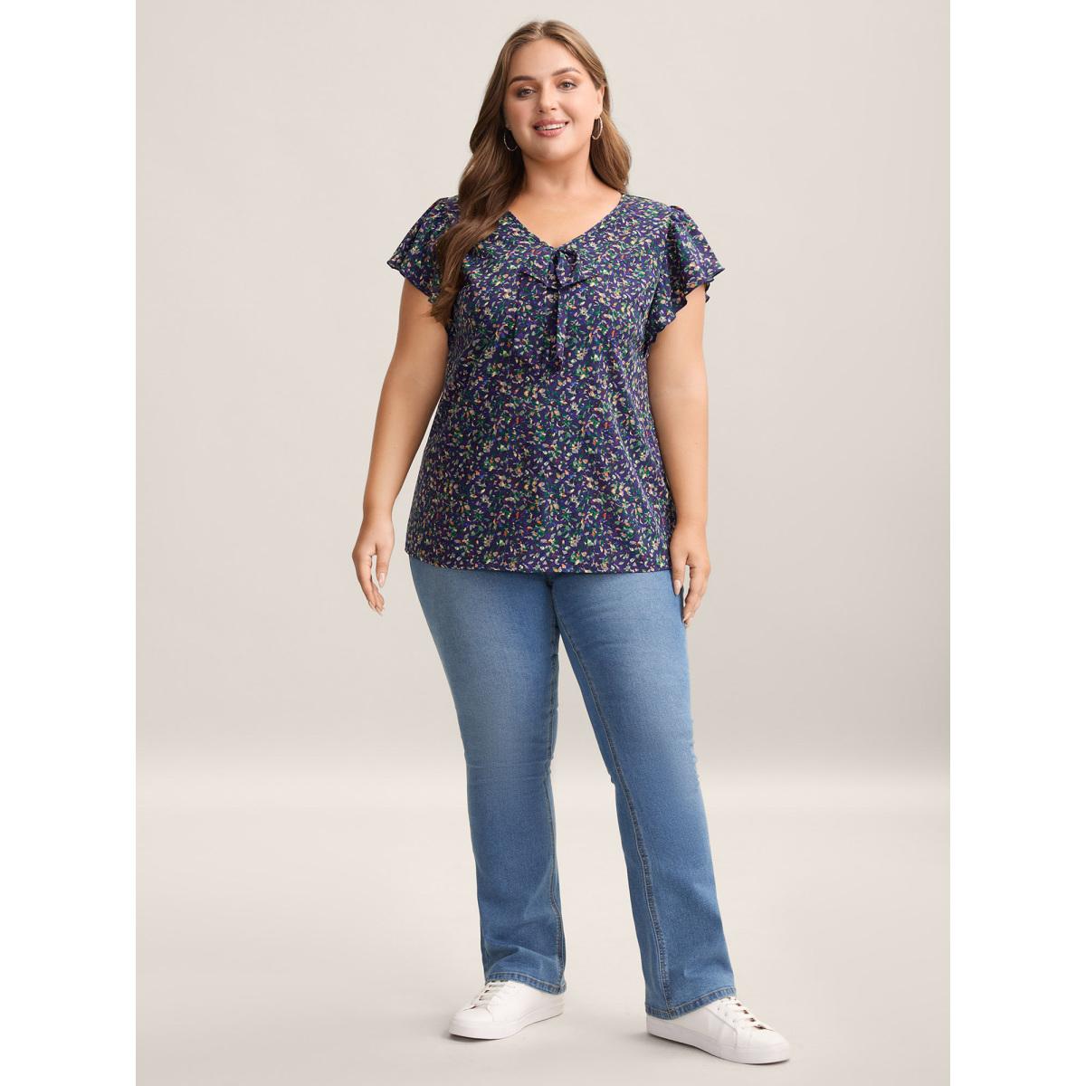 Plus Size DarkBlue Ditsy Floral Print Asymmetrical Ruffled Sleeve Blouse Women Elegant Cap Sleeve V-neck Everyday Blouses BloomChic 18-20/2X Product Image