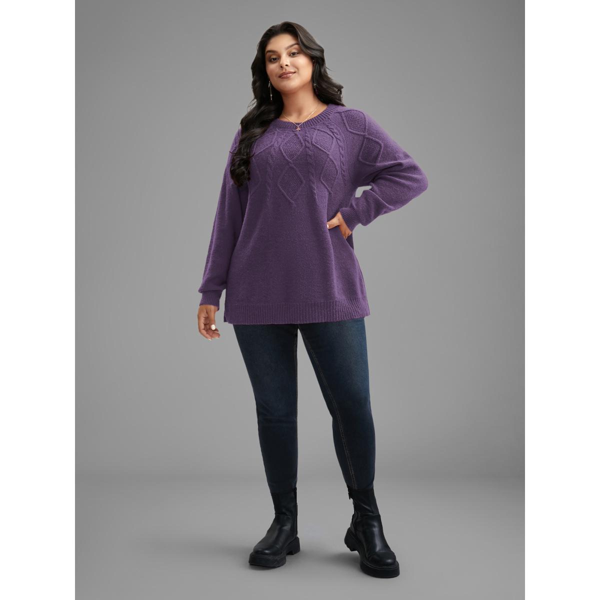 Plus Size Cable Knit Bodice Crew-Neck Pullover Mauve Women Casual Loose Long Sleeve Round Neck Everyday Pullovers BloomChic 12/L Product Image