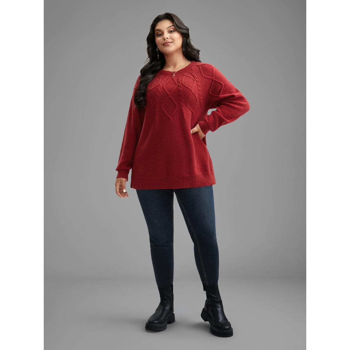 Plus Size Cable Knit Bodice Crew-Neck Pullover Brightred Women Leisure Loose Long Sleeve Round Neck Casual Pullovers BloomChic 22-24/3X Product Image