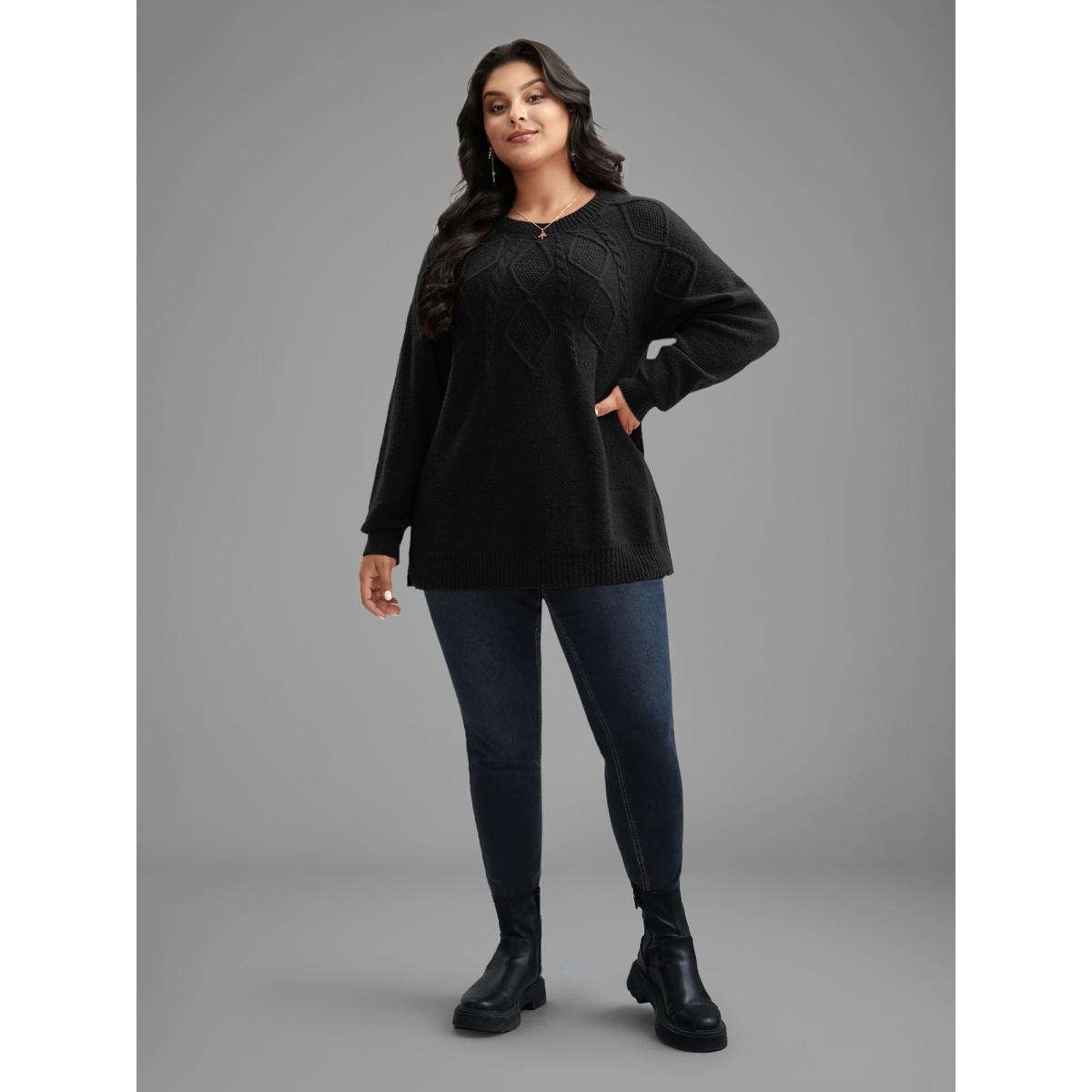 Plus Size Cable Knit Bodice Crew-Neck Pullover Black Women Leisure Loose Long Sleeve Round Neck Casual Pullovers BloomChic 28/5X Product Image