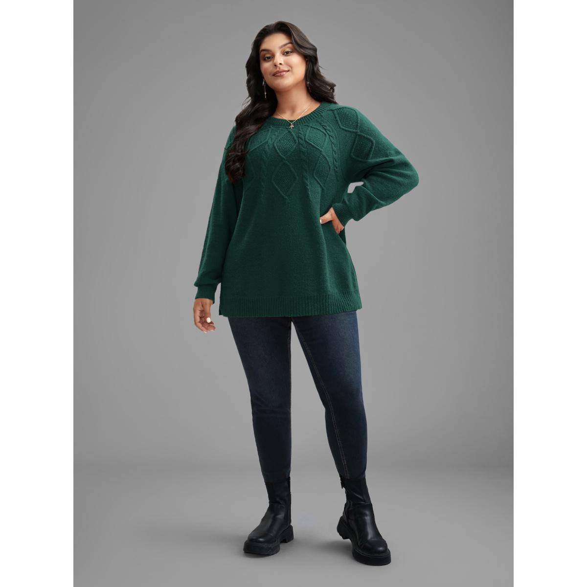 Plus Size Cable Knit Bodice Crew-Neck Pullover DarkGreen Women Leisure Loose Long Sleeve Round Neck Casual Pullovers BloomChic 26/4X Product Image