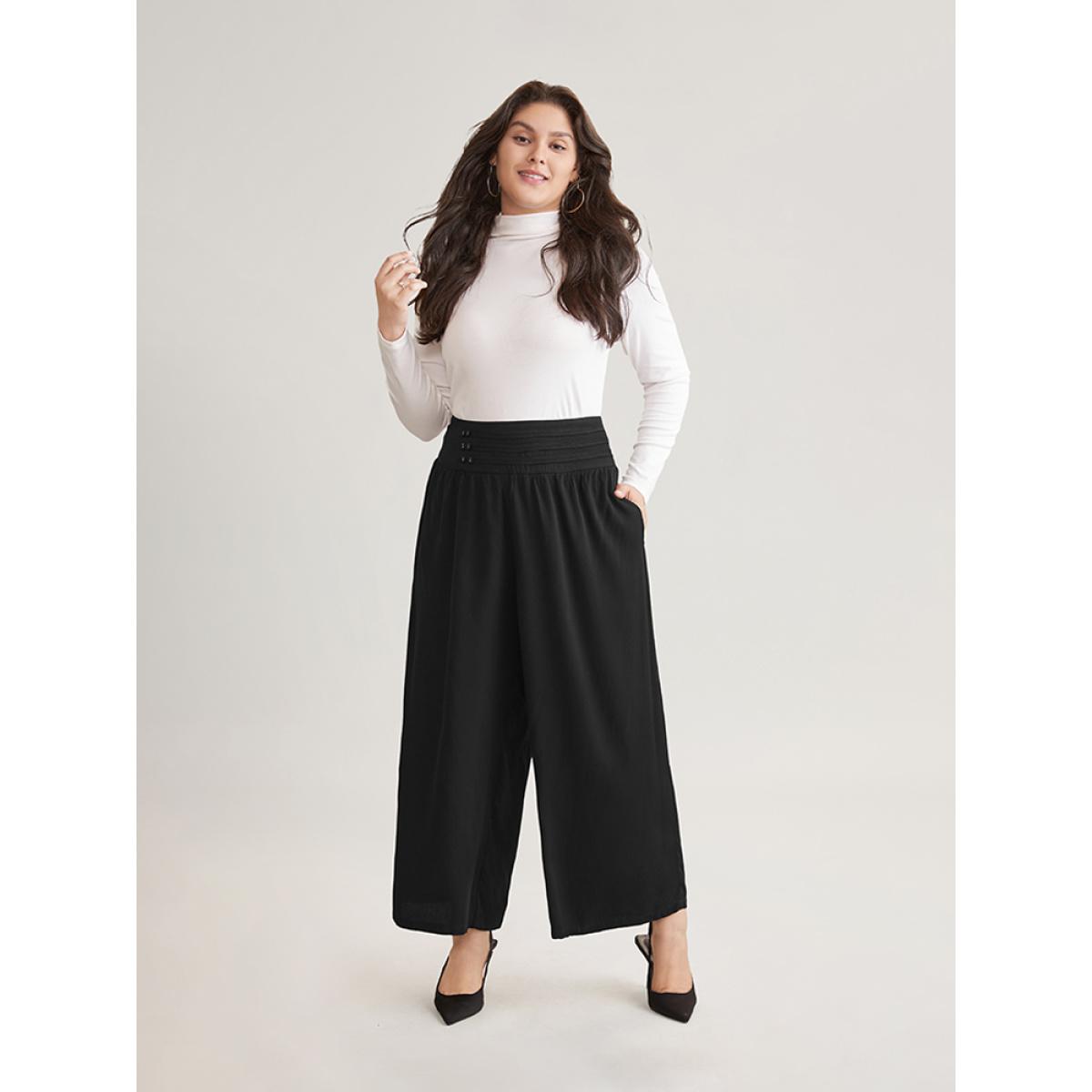 Plus Size Solid Elastic Waist Button Detail Wide Leg Pants Women Black Casual Wide Leg High Rise Dailywear Pants BloomChic 12/L Product Image
