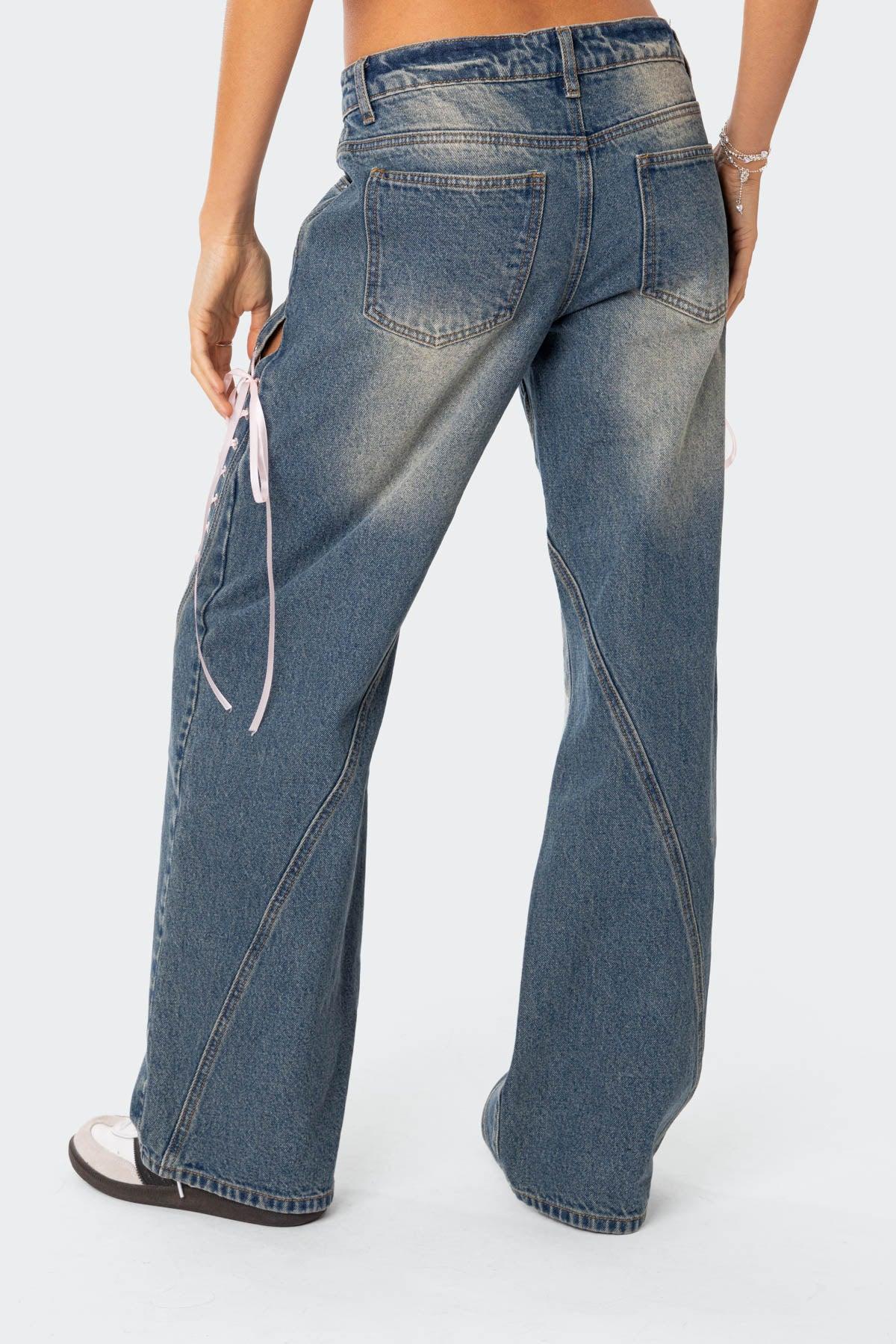 Ribbon Lace Up Low Rise Baggy Jeans Product Image