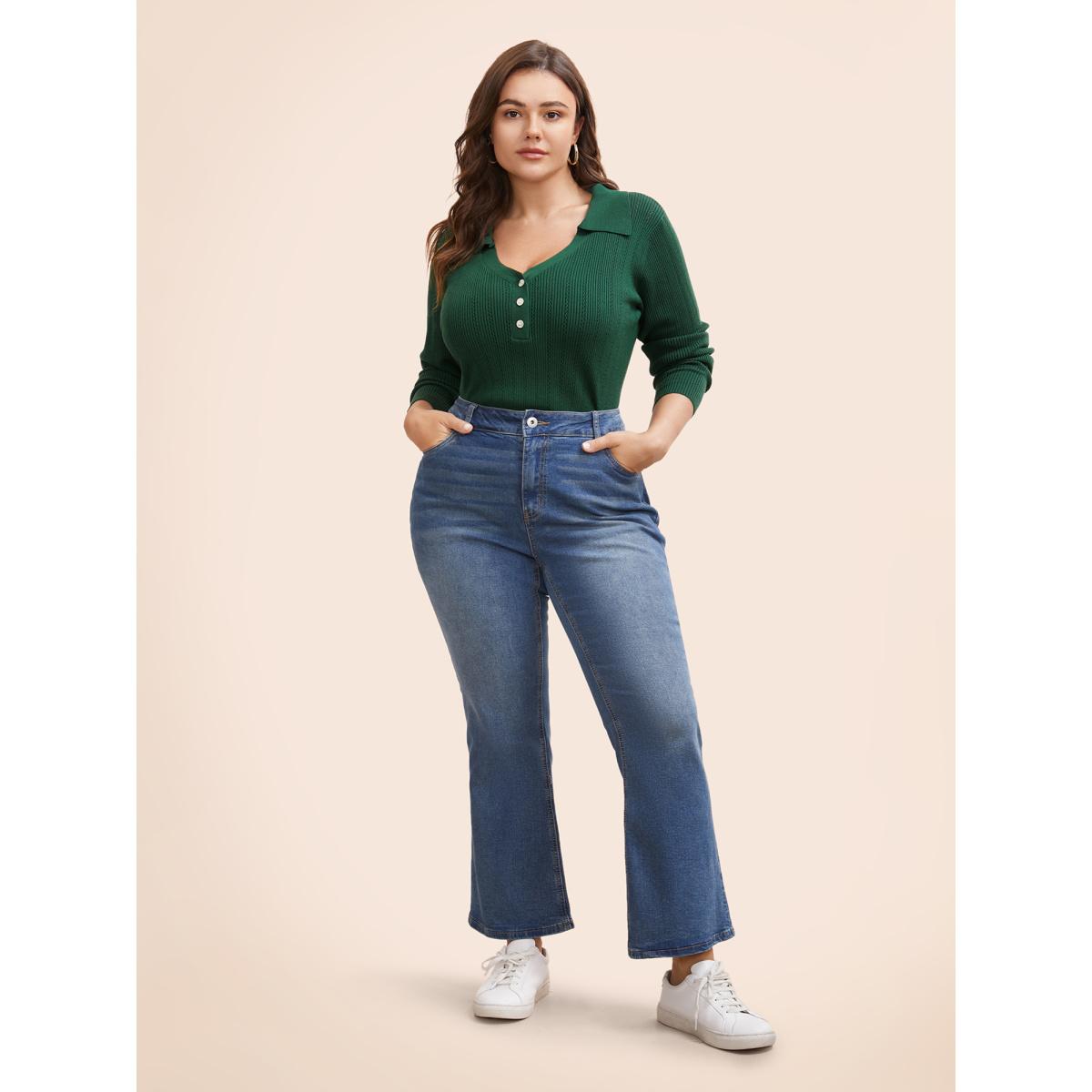 Plus Size Supersoft Essentials Polo Neck Button Up Pullover Truegreen Women Casual Long Sleeve Polo Everyday Pullovers BloomChic 12/L Product Image