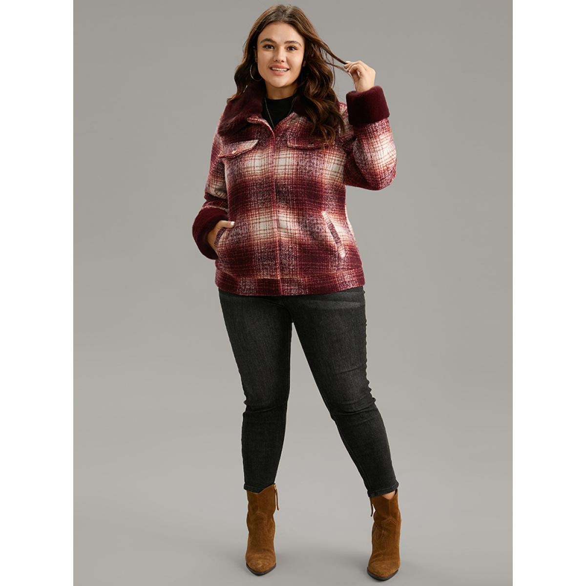 Plus Size Plaid Patchwork Button Through Fuzzy Trim Jacket Women Multicolor Lined Pocket Dailywear Jackets BloomChic 26/4X Product Image