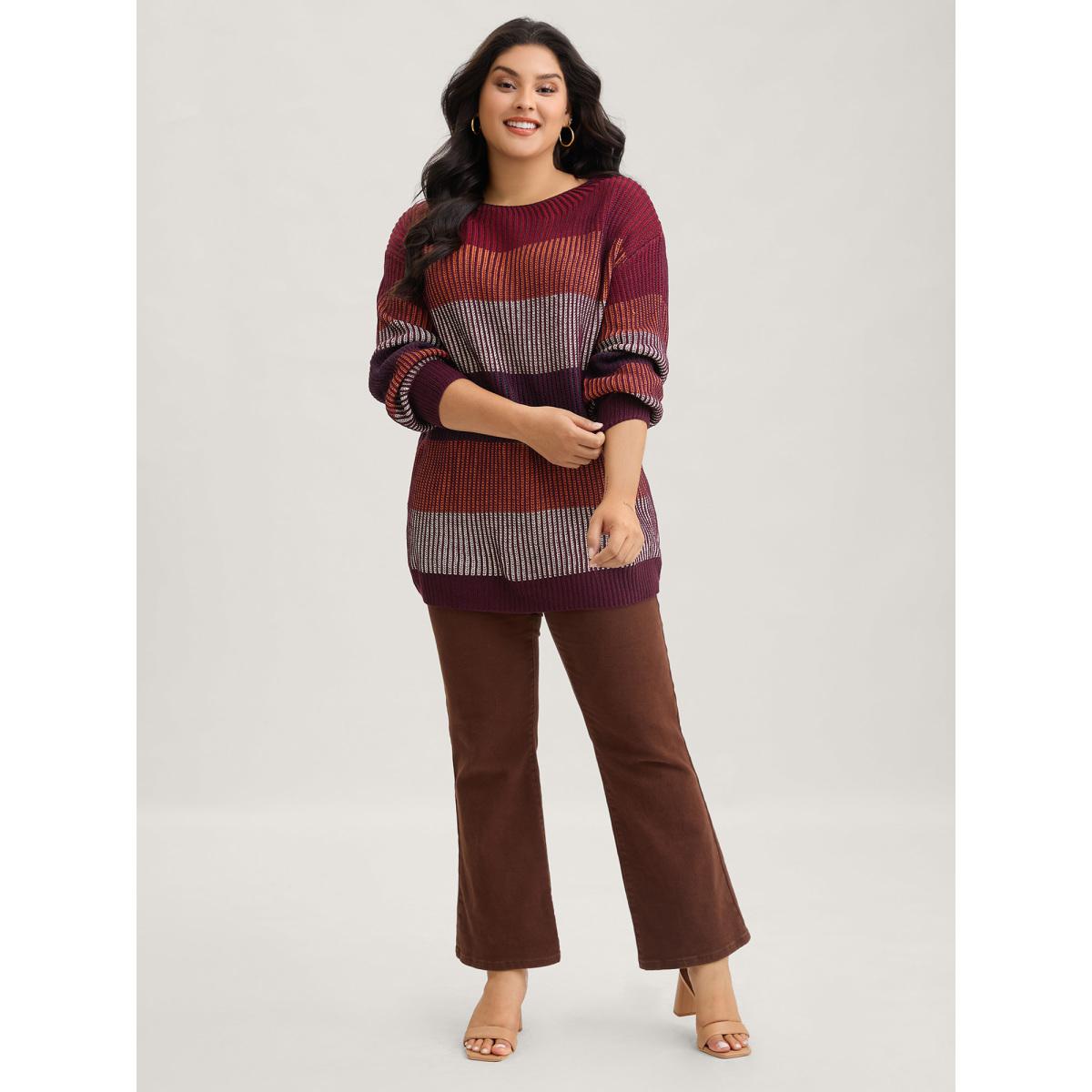 Plus Size Textured Striped Contrast Patchwork Pullover Deepred Women Casual Long Sleeve Round Neck Everyday Pullovers BloomChic 12/L Product Image