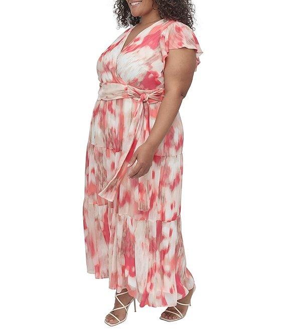 Donna Karan Plus Size V-Neck Flutter Sleeve Tiered A Line Dress Product Image