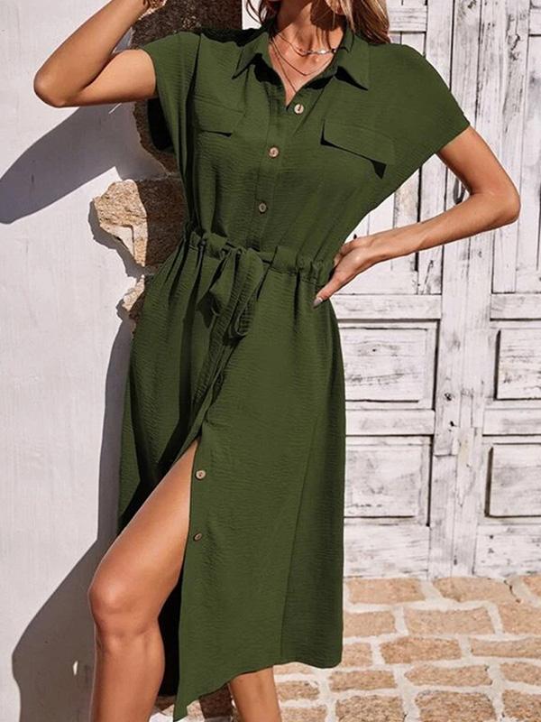 Raglan Sleeve Drawstring Pleated Split-Joint Lapel Midi Dresses Shirt Dress Product Image