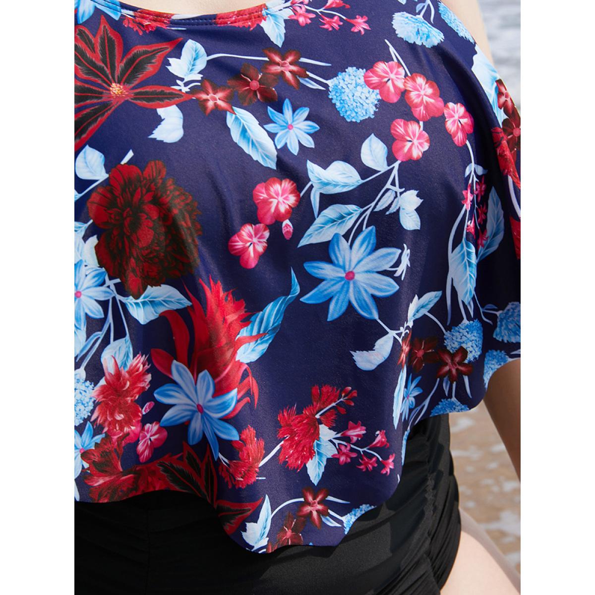 Plus Size Floral Crossover Back Asymmetrical Tankini Top Women's Swimwear Indigo Vacation Adjustable Straps High stretch Bodycon Round Neck Curve Swim Tops BloomChic 10/M Product Image