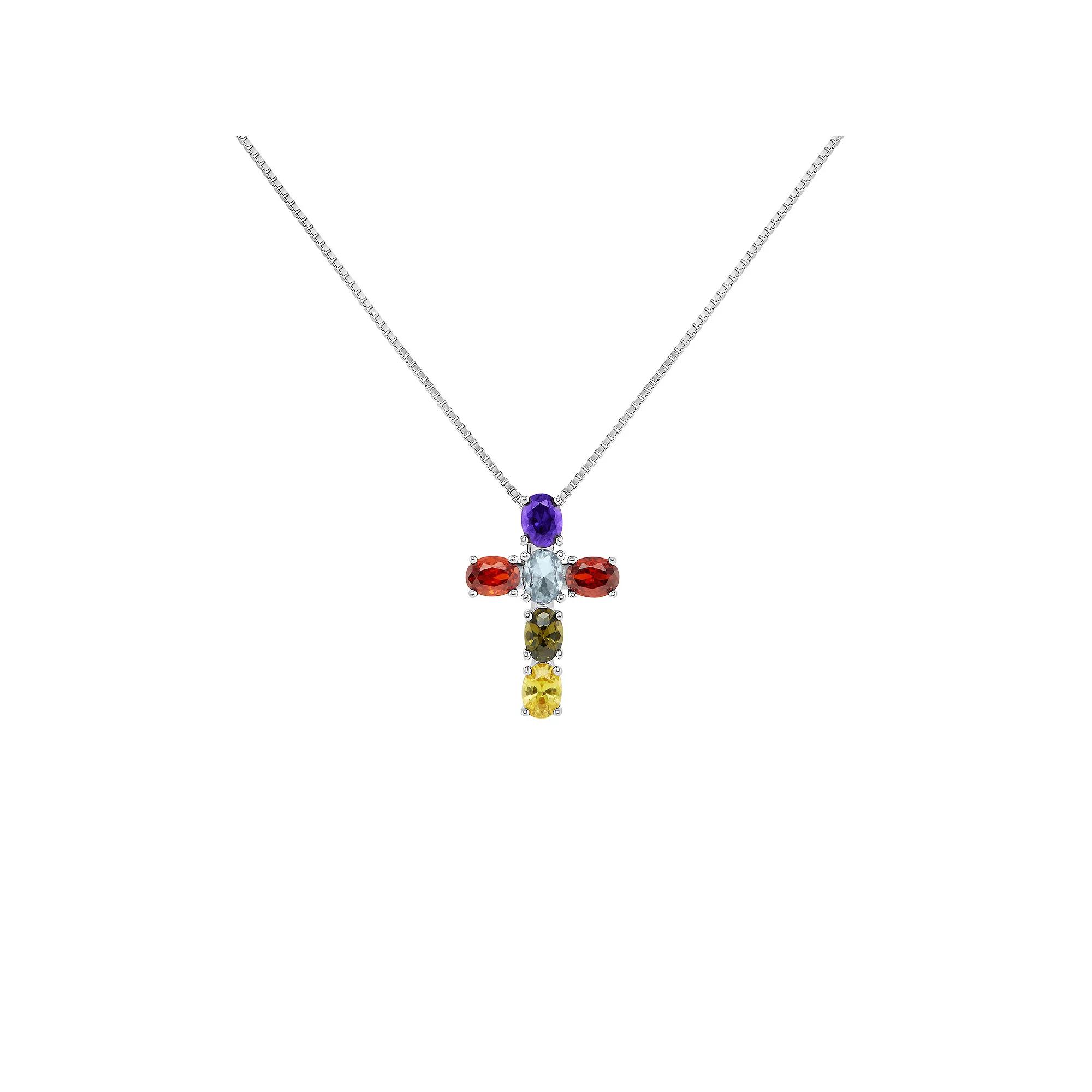 PRIMROSE Sterling Silver Multi Color Cubic Zirconia Cross Box Chain Pendant Necklace, Women's, Size: 18" Product Image