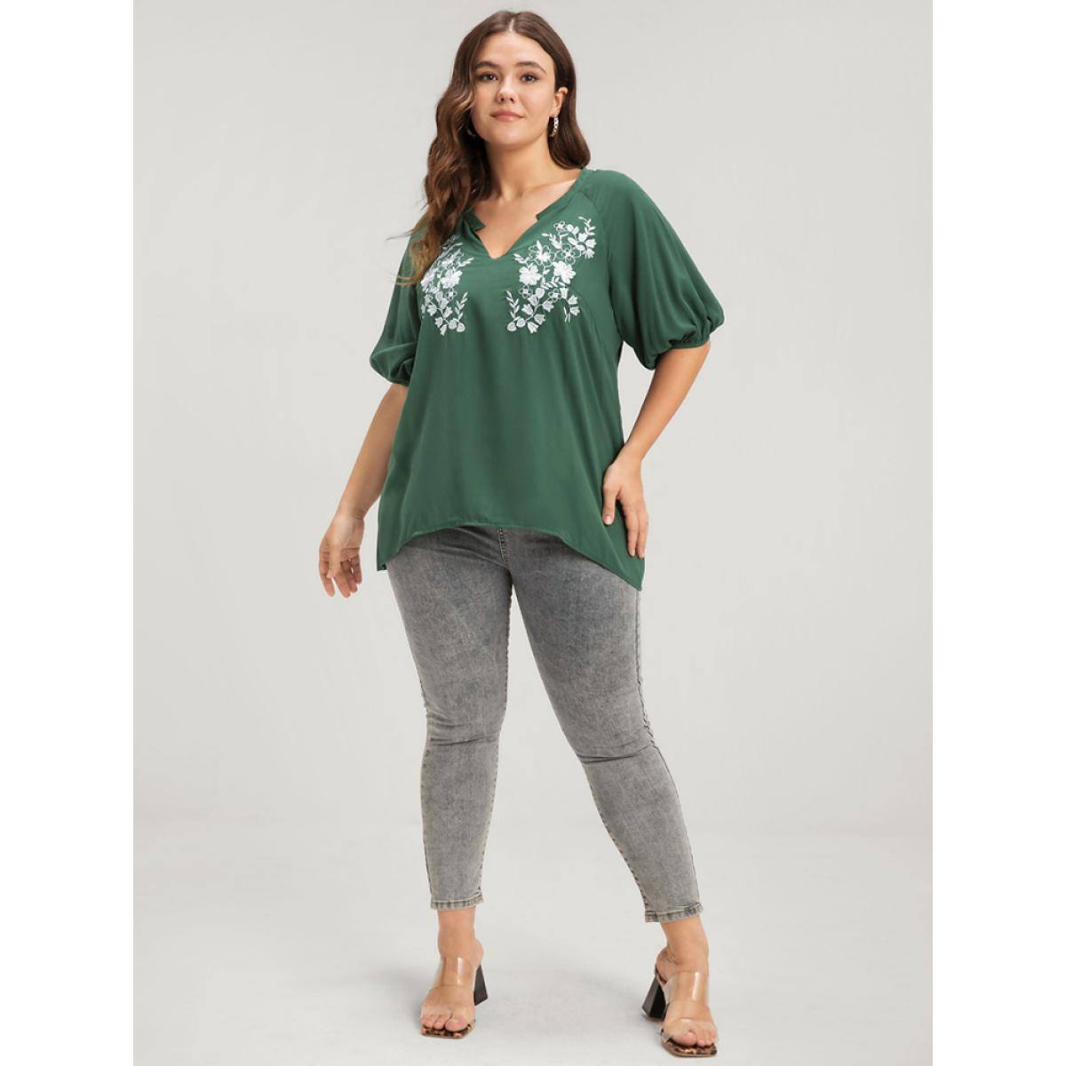 Plus Size Green Floral Embroidered Puff Sleeve V Neck Blouse Women Elegant Half Sleeve V-neck Dailywear Blouses BloomChic 10/M Product Image