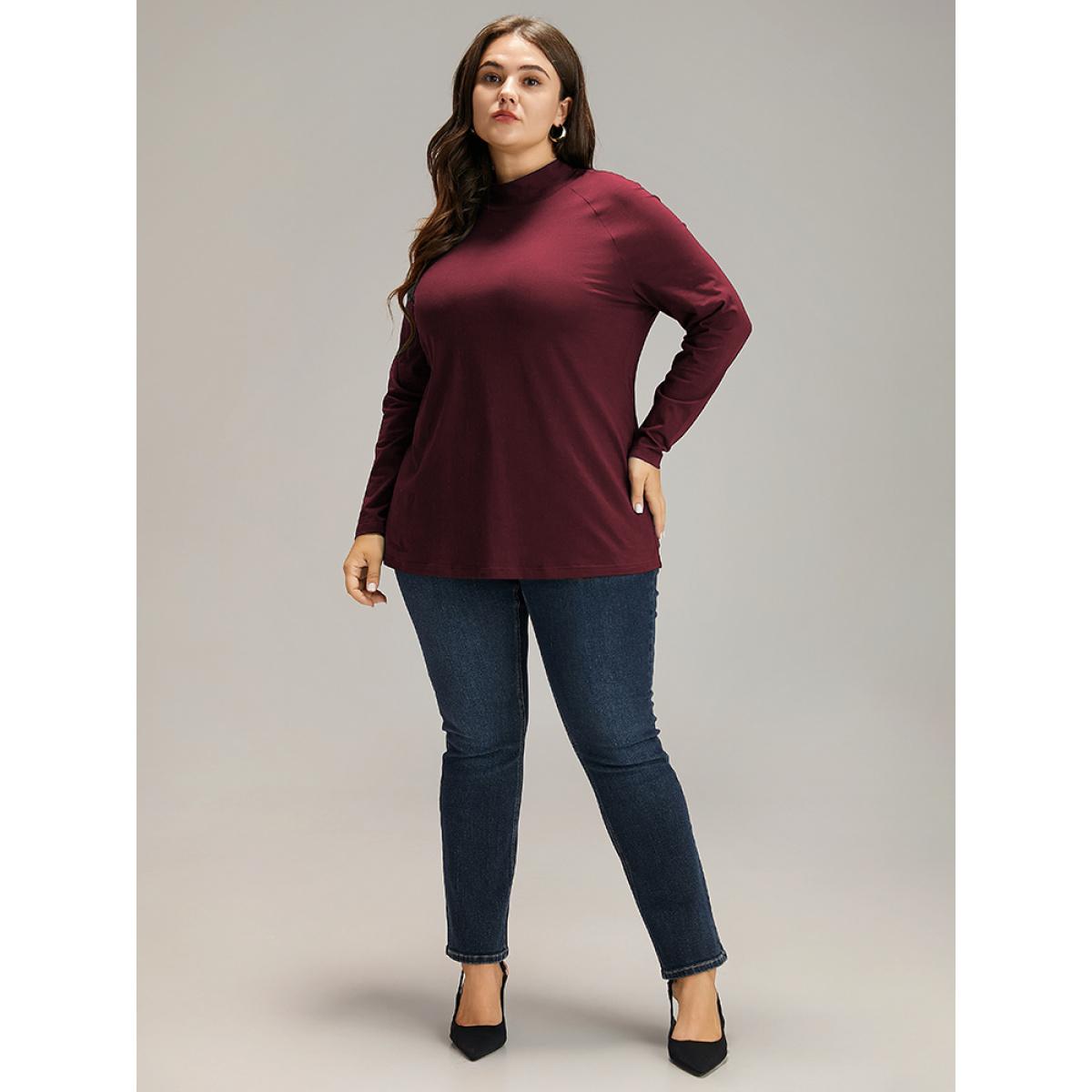 Plus Size Cotton Mock Neck Raglan Sleeve T-shirt Burgundy Women Elegant Plain Plain Mock Neck Dailywear T-shirts BloomChic 10/M Product Image